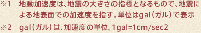 ※1 地動加速度は、地震の大きさの指標となるもので、地震による地表面での加速度を指す。単位はgal（ガル）で表示 ※2 gal（ガル）は、加速度の単位。1gal=1cm/sec2